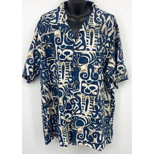 RJC Hawaii Men 3XL Aloha Short Sleeve Button Up Shirt Blue White Tribal EUC